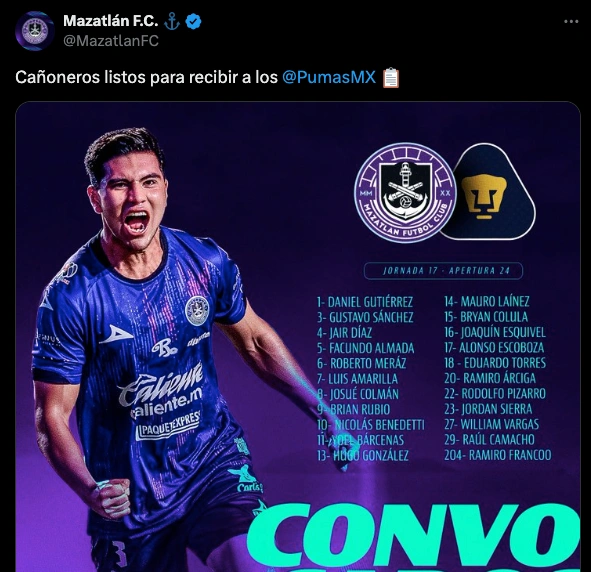 Alineación Mazatlan FC vs Pumas